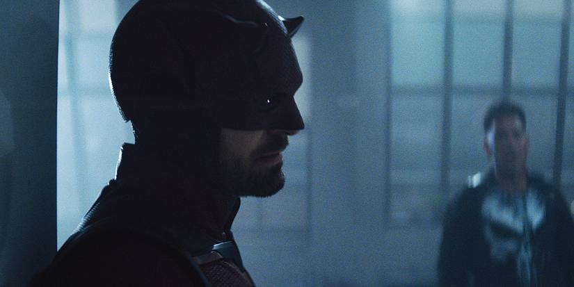 Matt (Charlie Cox) as Daredevil talking to Frank Castle (Jon Bernthal) in Daredevil: Born Again Season 1, Episode 9.