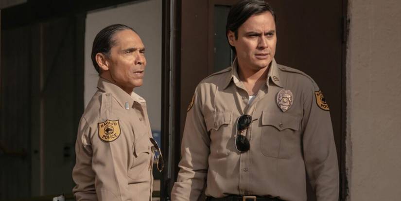 Zahn McClarnon as Joe Leaphorn and Kiowa Gordon as Jim Chee on 'Dark Winds' Season 3.
