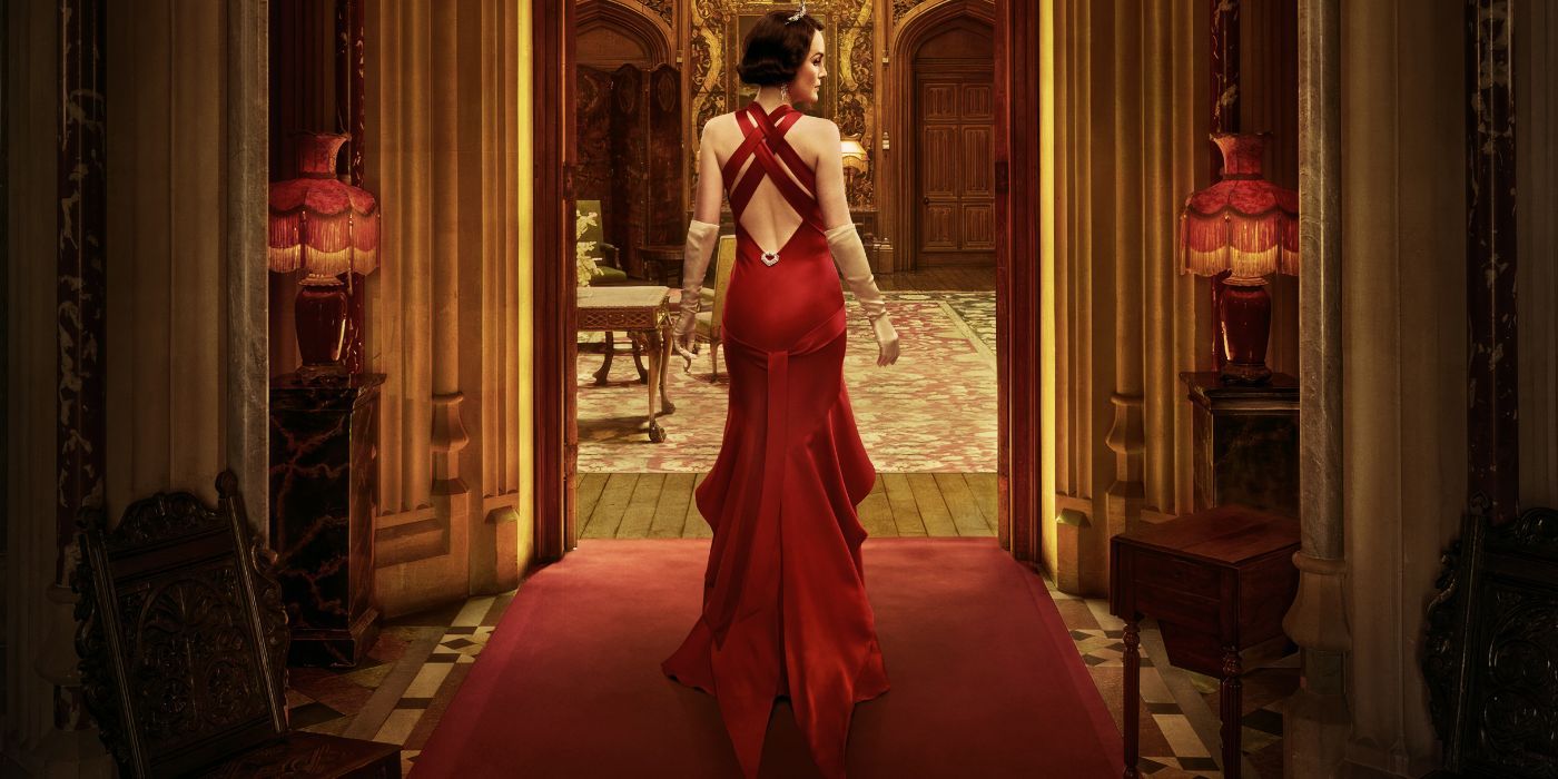 Michelle Dockery in a red dress on the teaser poster for Downton Abbey: The Grand Finale.