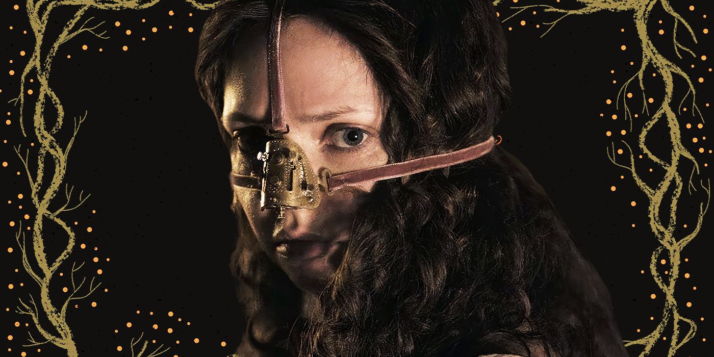 Actor Lea Myren as Elvira, wearing a metal contraption strapped to her nose, surrounded by a border of trees against a dark background.
