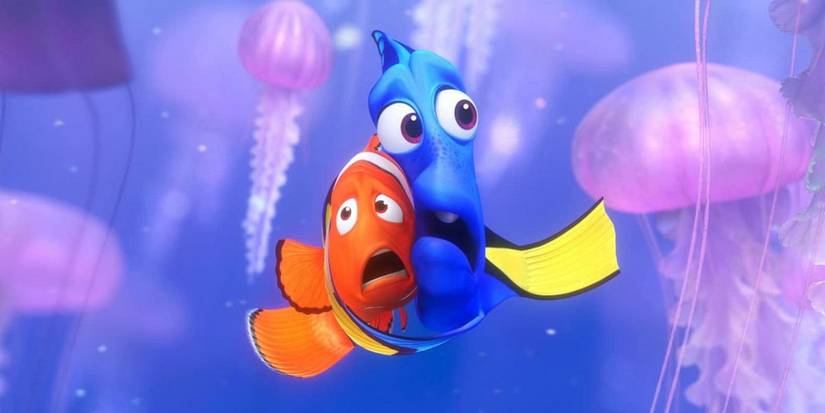 Marlin and Dory surrounded by jellyfish in 'Finding Nemo'