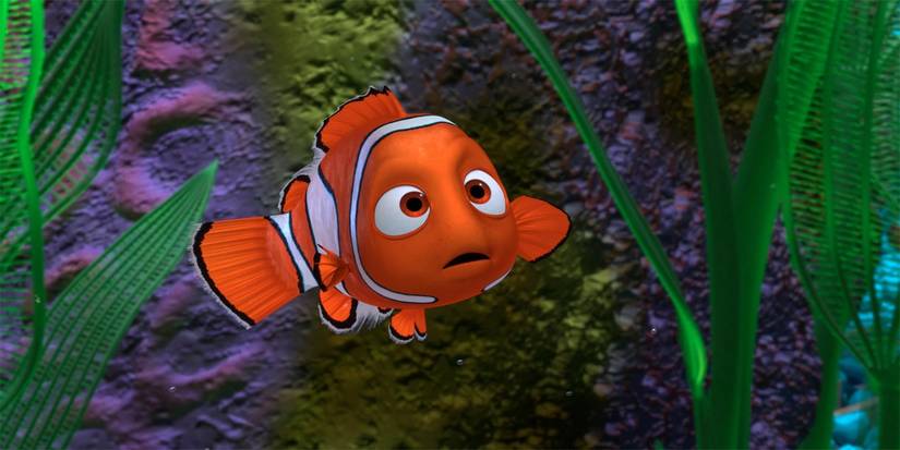 Nemo, a young clownfish voiced by Alexander Gould looks concerned in a fish tank in Finding Nemo.