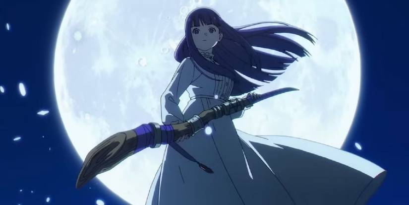 Fern with a wand hovering in front of the moon in Frieren: Beyond Journey's End