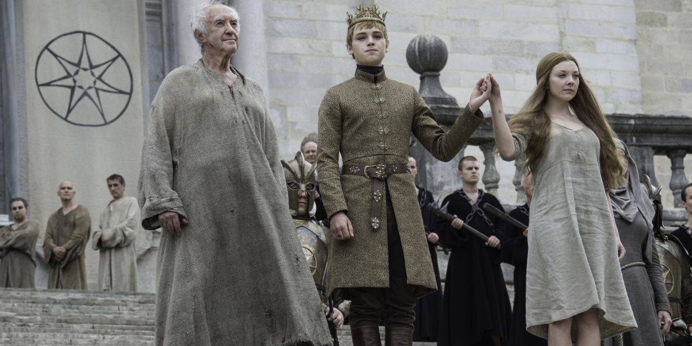 The High Sparrow stands beside King Tommen Baratheon and Queen Margaery Tyrell