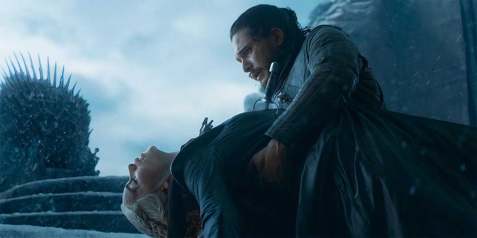 Kit Harington as Jon Snow after he kills Emilia Clarke as Daenerys in Game of Thrones.