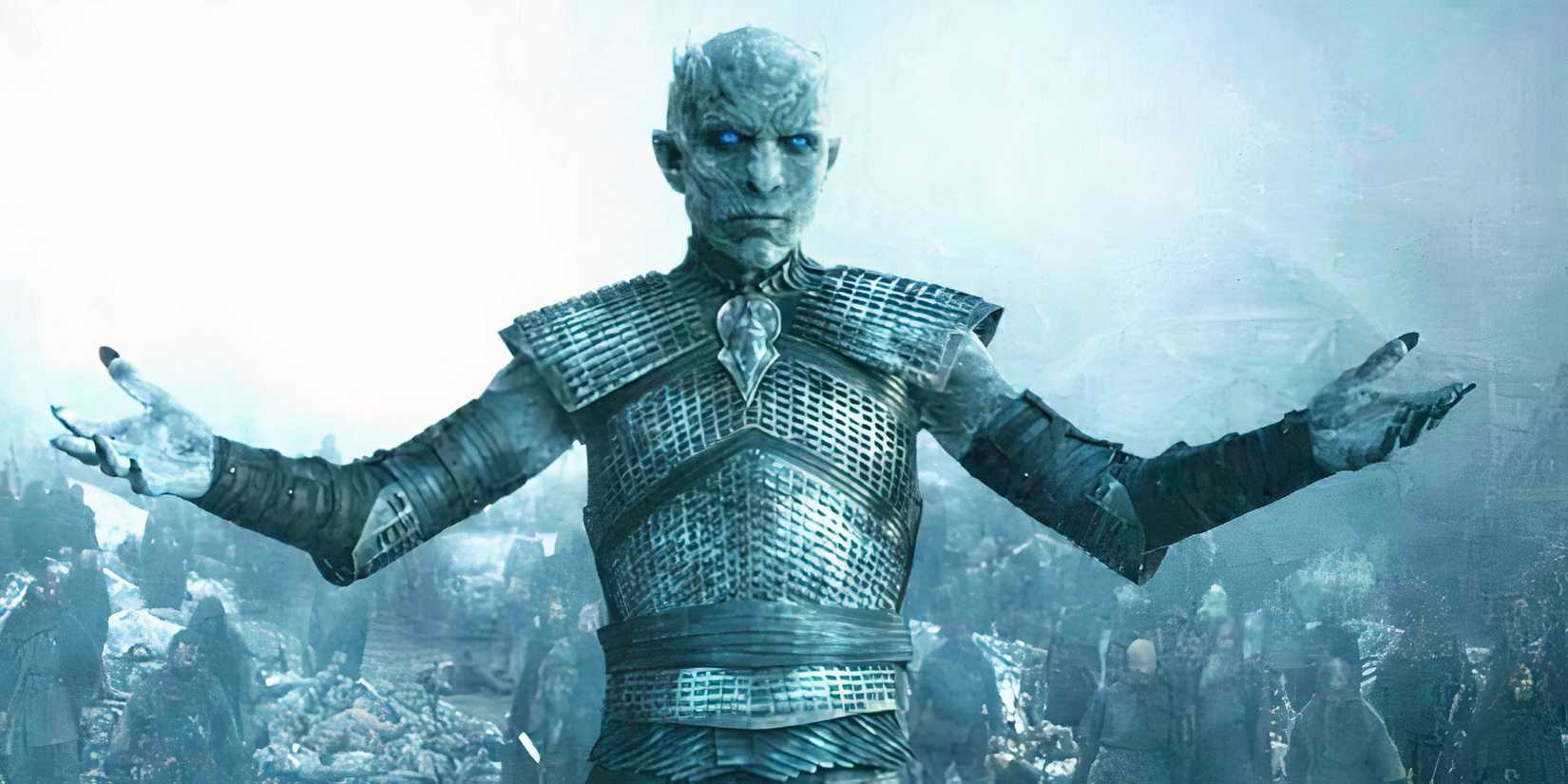 The Night King raising his arms in the series, Game of Thrones.