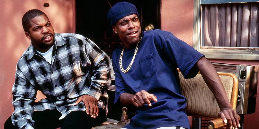 Ice Cube as Craig and Chris Tucker as Smokey looking surprised in Friday. 