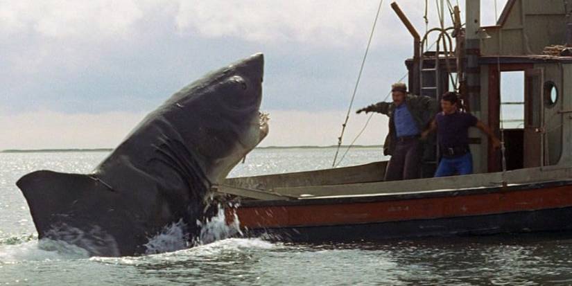 Roy Scheider and Robert Shaw in 'Jaws' as the shark launches out of the water
