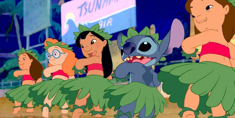 Lilo & Stitch on stage hula dancing at the end of the movie.