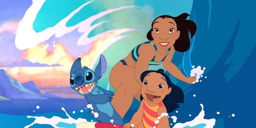 Stitch, Lilo, and Nani surfing in Lilo and Stitch