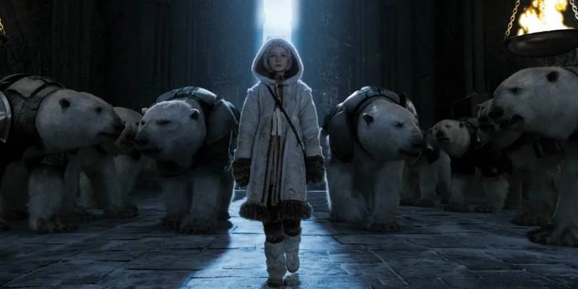 Lyra (Dakota Blue Richards) walks into a room with armored polar bears in 'The Golden Compass' (2007).
