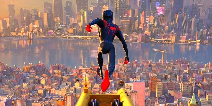 Miles running on a crane over the city in Spider-Man: Into the Spider-Verse.