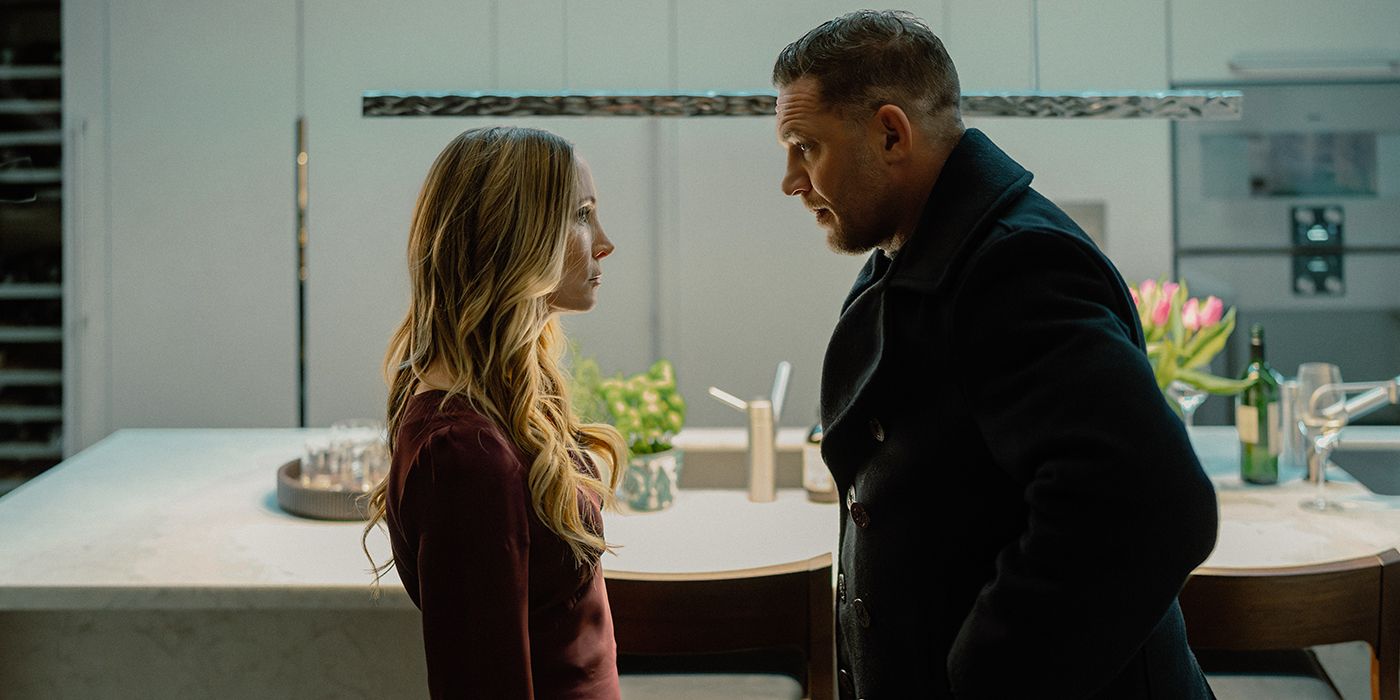 Joanne Froggatt as Jan talking to Tom Hardy as Harry in MobLand