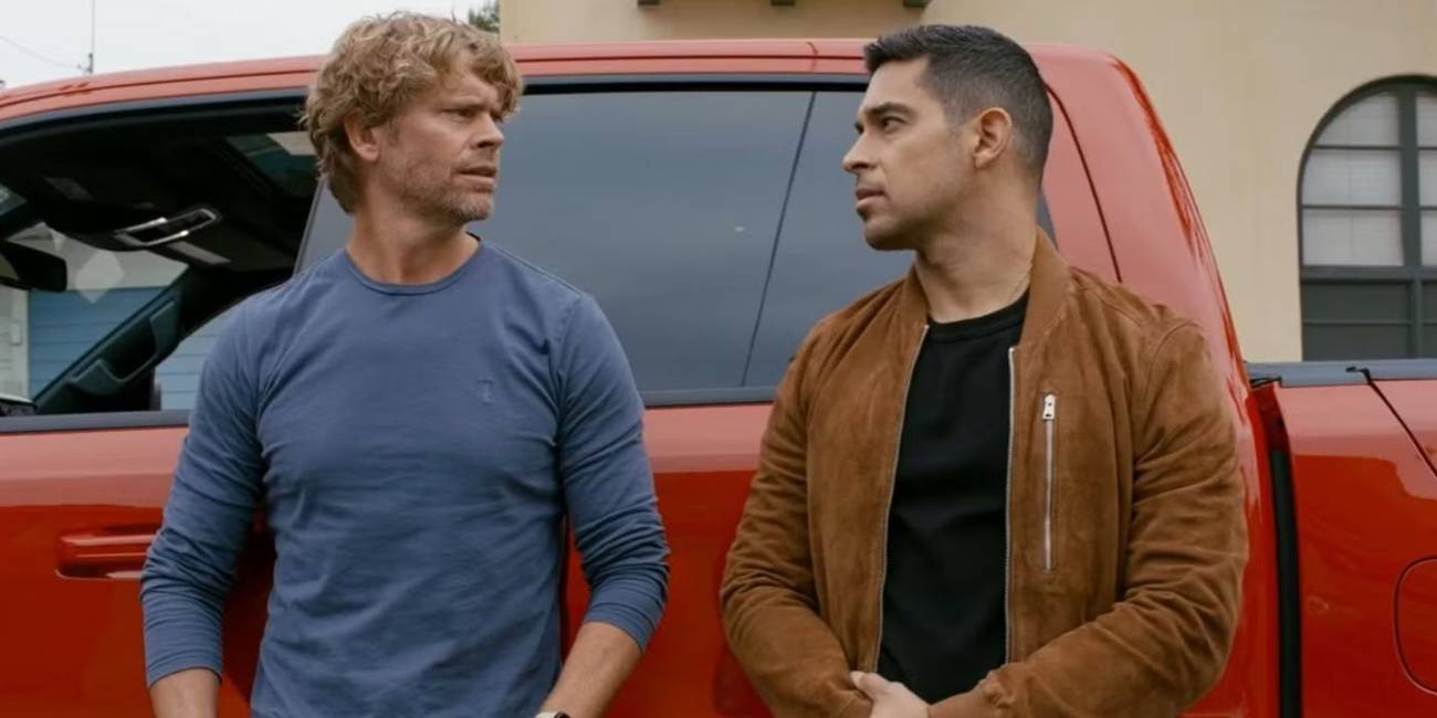 Eric Olsen as Marty Deeks and Wilmer Vanderrama as Nick Torres staring each other down in the NCIS crossover.