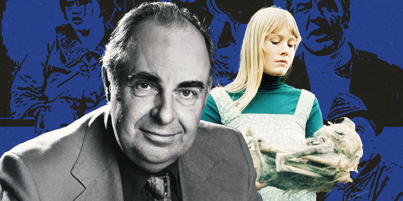 Writer Nigel Kneale seated in front of a woman holding a bundle in her arms, with a blue background illustrating scenes from the TV series Beasts.