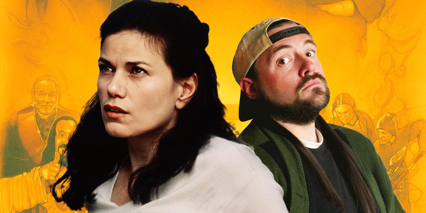 Actor Linda Fiorentino and director Kevin Smith in front of a yellow backdrop of religious iconography.
