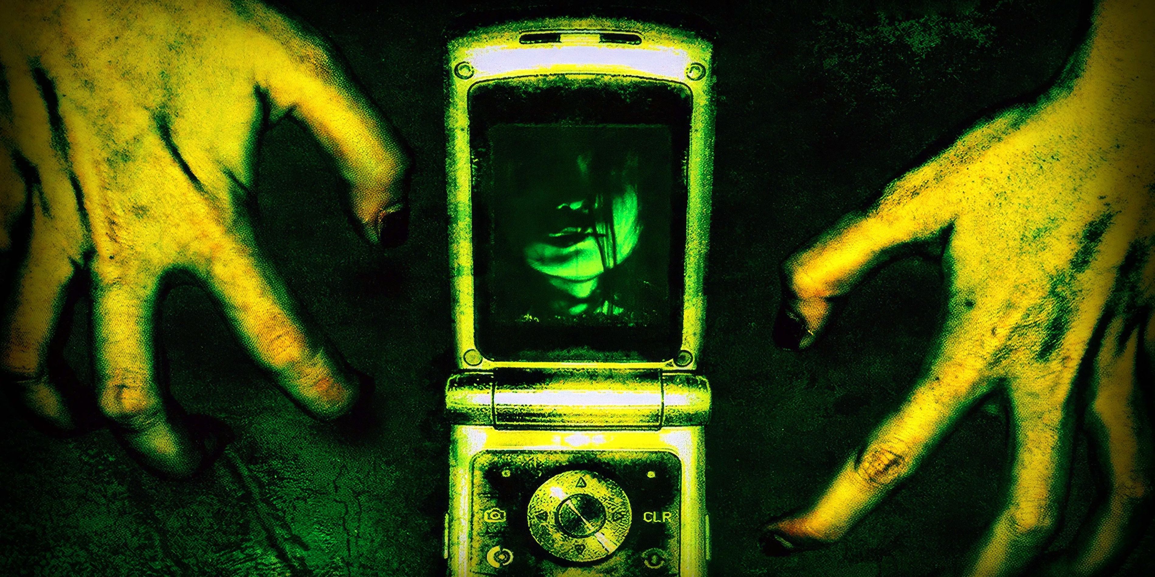 Two gnarled hands around a flip phone, bathed in an eerie yellow-green light in One Missed Call.