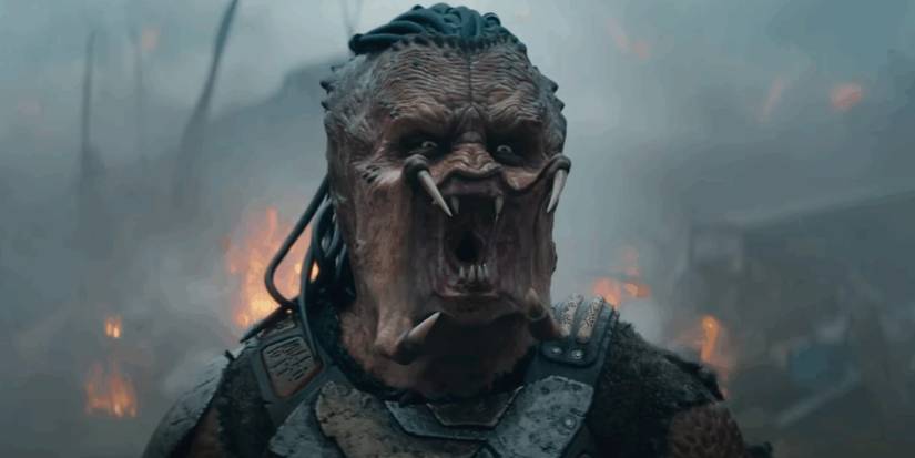 The Predator with its mouth open wide in 'Predator: Badlands'