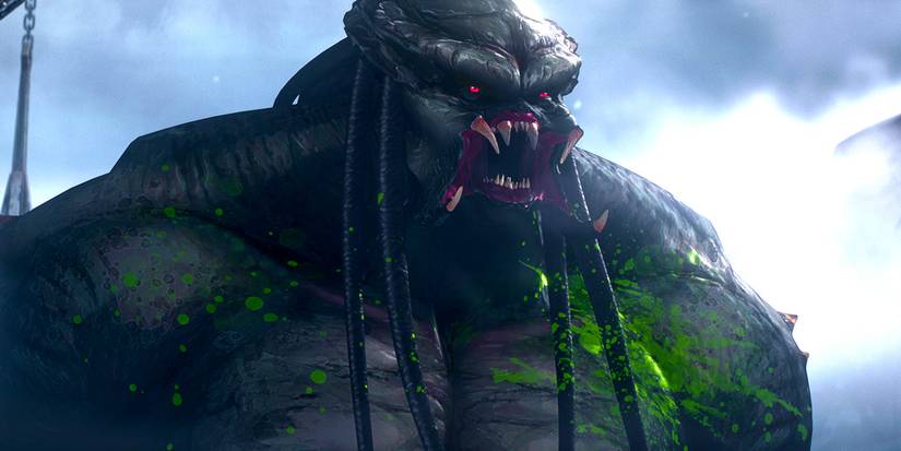 The Predator snarling with bright green blood on its shoulder in Predator: Killer of Killers.