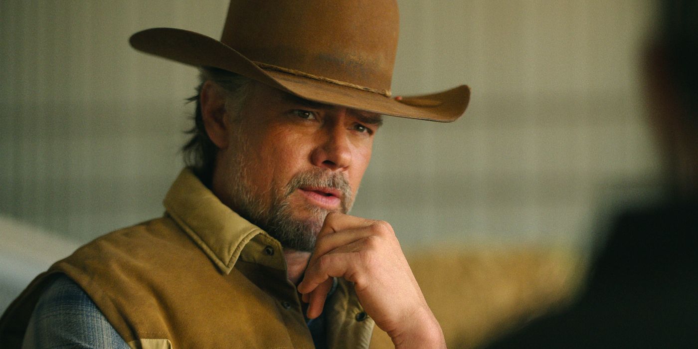 Josh Duhamel wearing a cowboy hat, sits and thinks in Ransom Canyon
