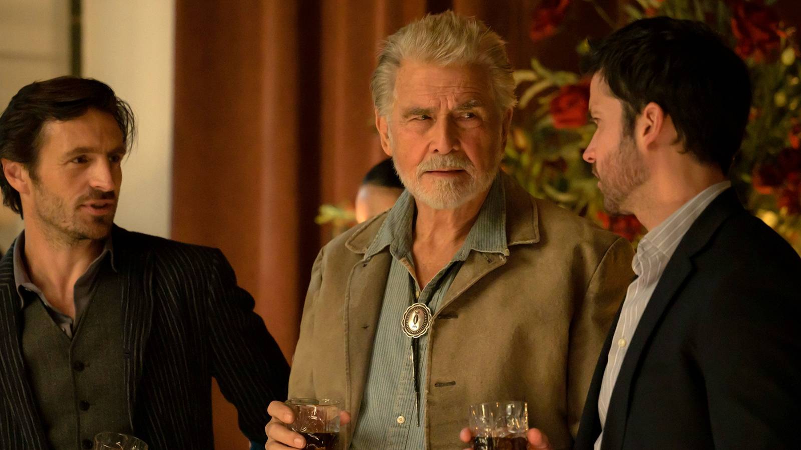 Eoin Macken as Davis Collins standing with James Brolin as Cap and Jack Schumacher as Yancy in Ransom Canyon