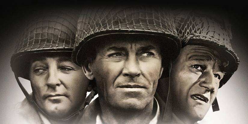 Robert Mitchum, Henry Fonda, and John Wayne on a cropped poster for The Longest Day