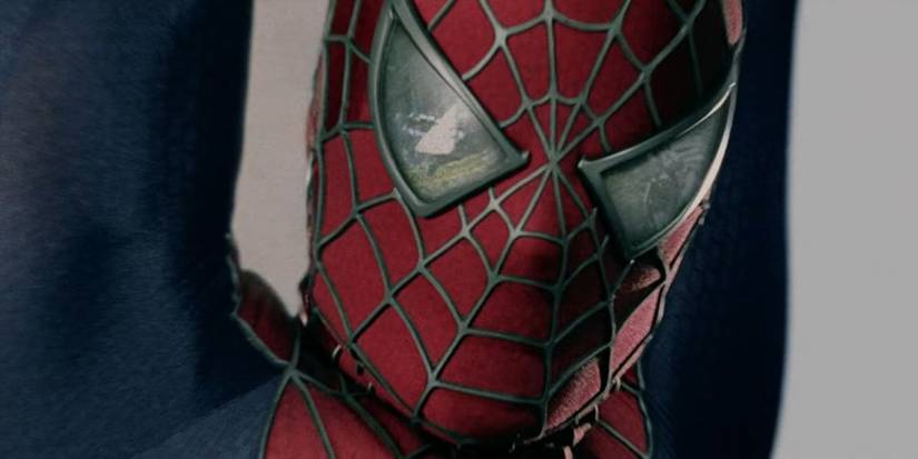 Spider-Man with debris reflected in his lenses in Spider-Man 3.