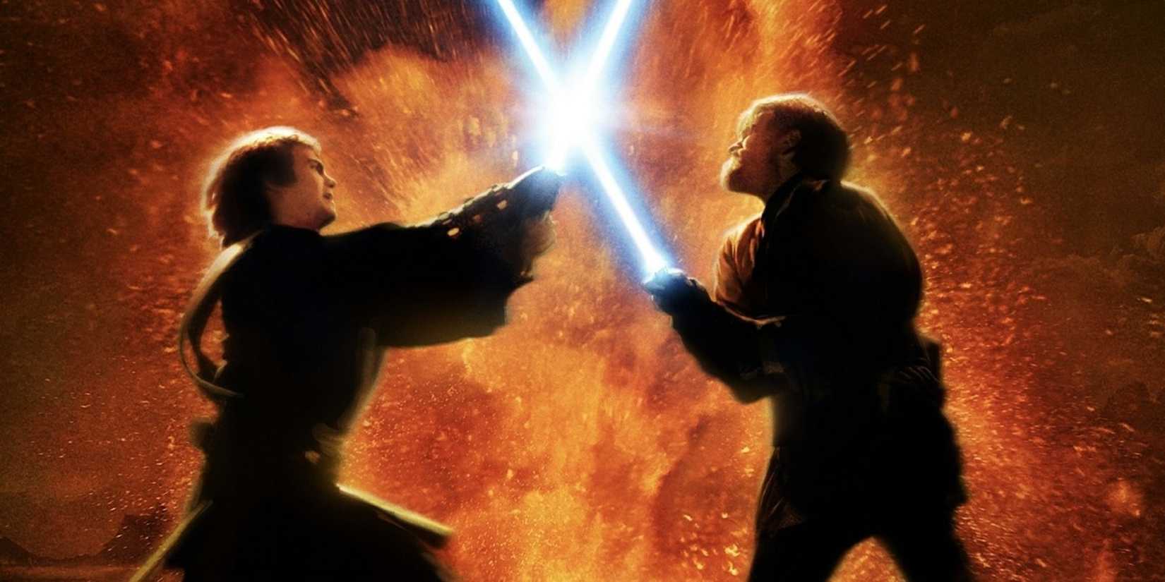 Anakin Skywalker in a lightsaber duel with Obi-Wan Kenobi with lava behind them in Revenge of the Sith.