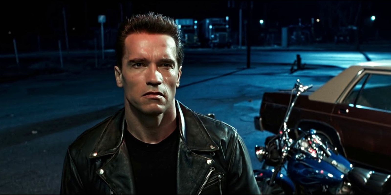 Arnold Schwarzenegger looking serious in Terminator 2: Judgment Day