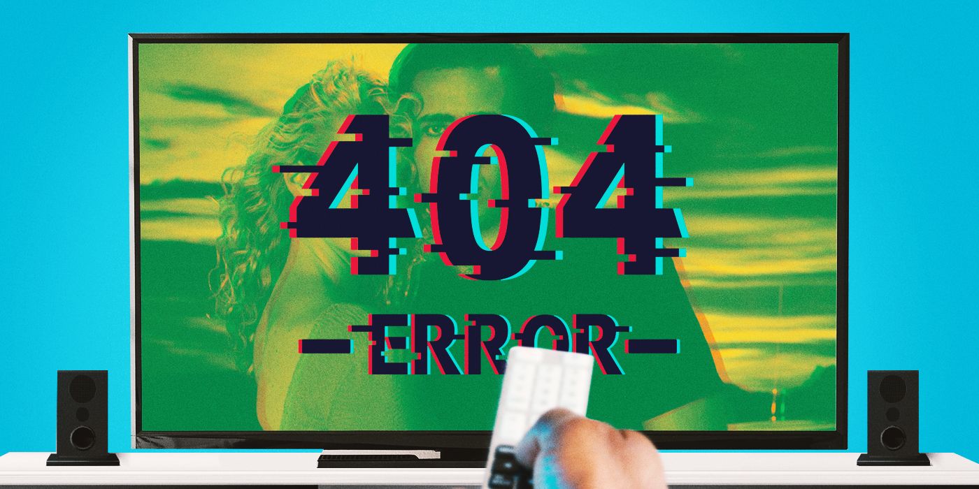 Blended image showing a television screen with a 404 Error message and a hand pointing a remote control at it.
