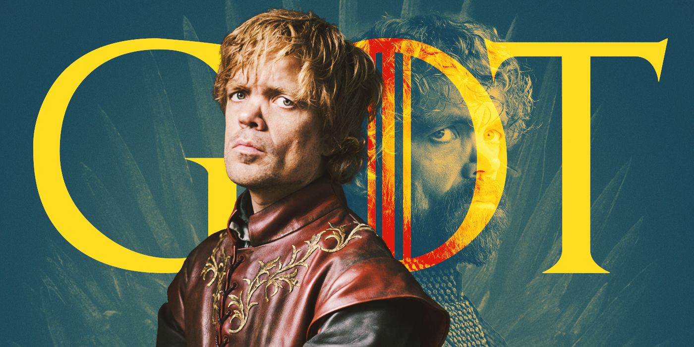 Blended imahe showing Tyrion Lannister and the word GOT in large yellow letters