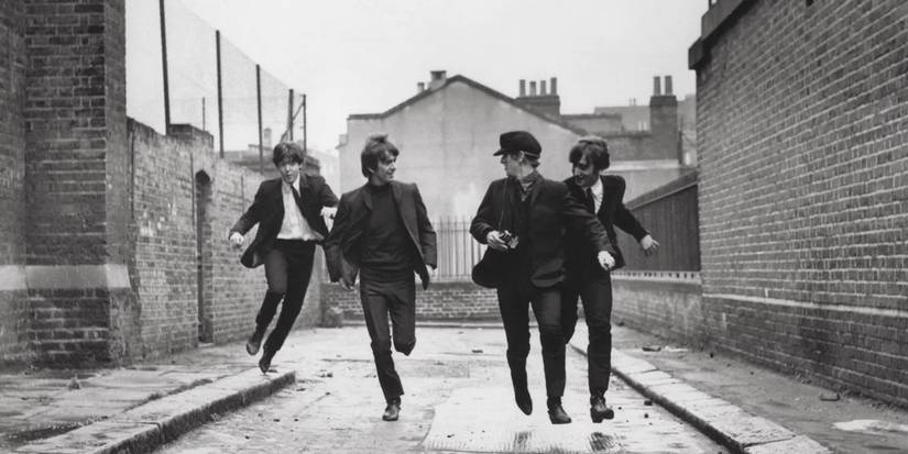 The Beatles running down an empty screen in A Hard Day's Night