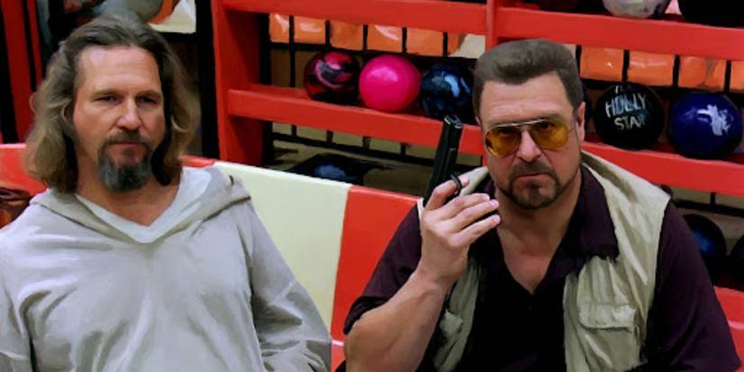 Jeff Bridges as the Dude and John Goodman as Walter sitting in a bowling alley in The Big Lebowski