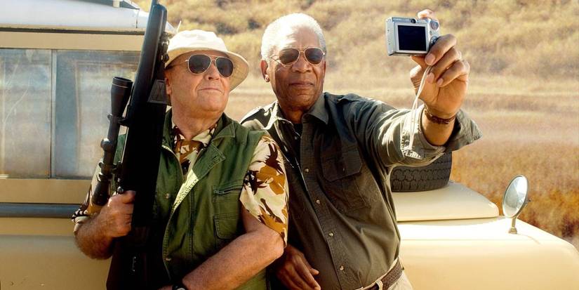 Jack Nicholson and Morgan Freeman taking a selfie while on safari in The Bucket List