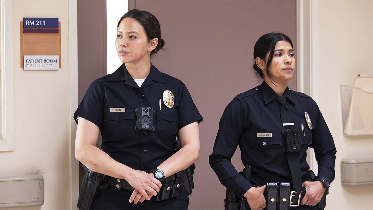 Celina Juarez (Lisseth Chavez) and Lucy Chen (Melissa O'Neil) standing side by side in The Rookie.