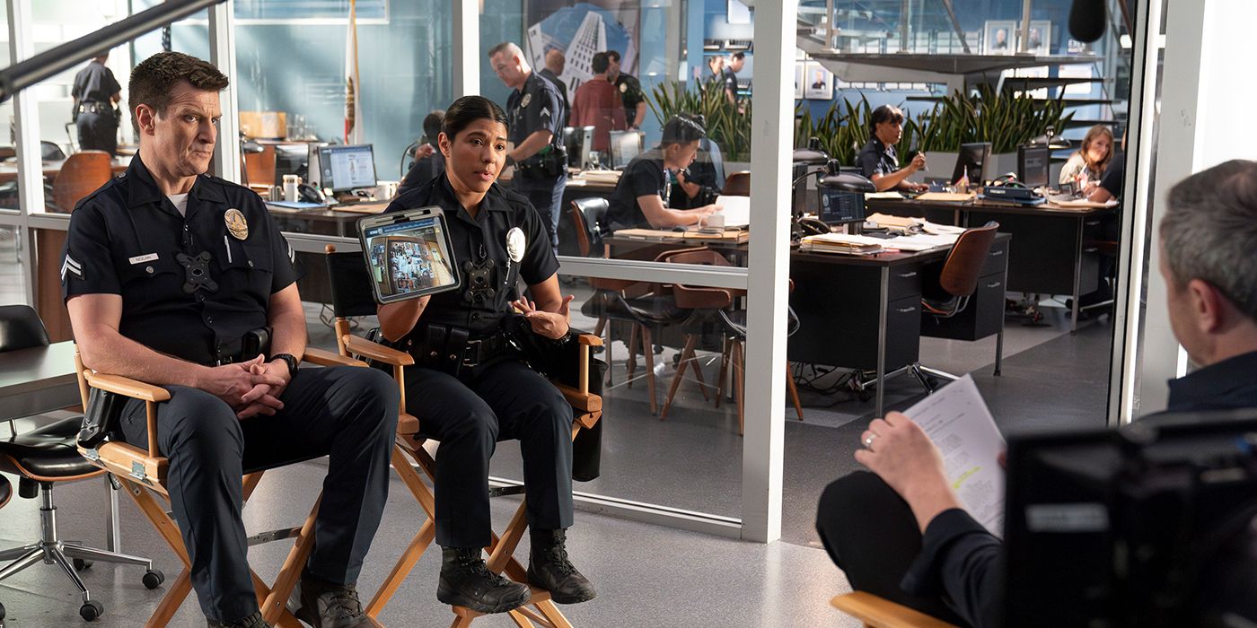 Nathan Fillion and Lisseth Chavez in The Rookie