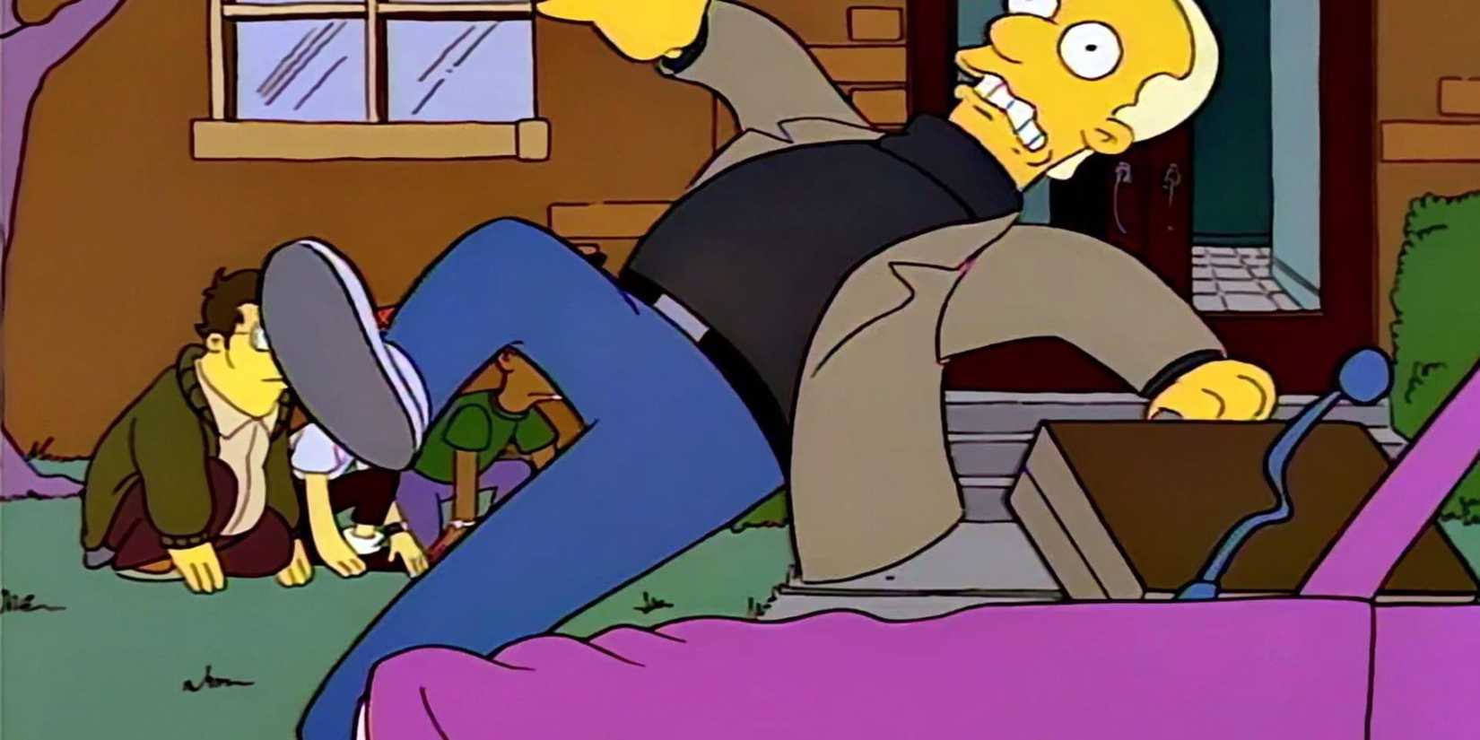 A person carrying a briefcase trips in The Simpsons episode Homer Goes to College.