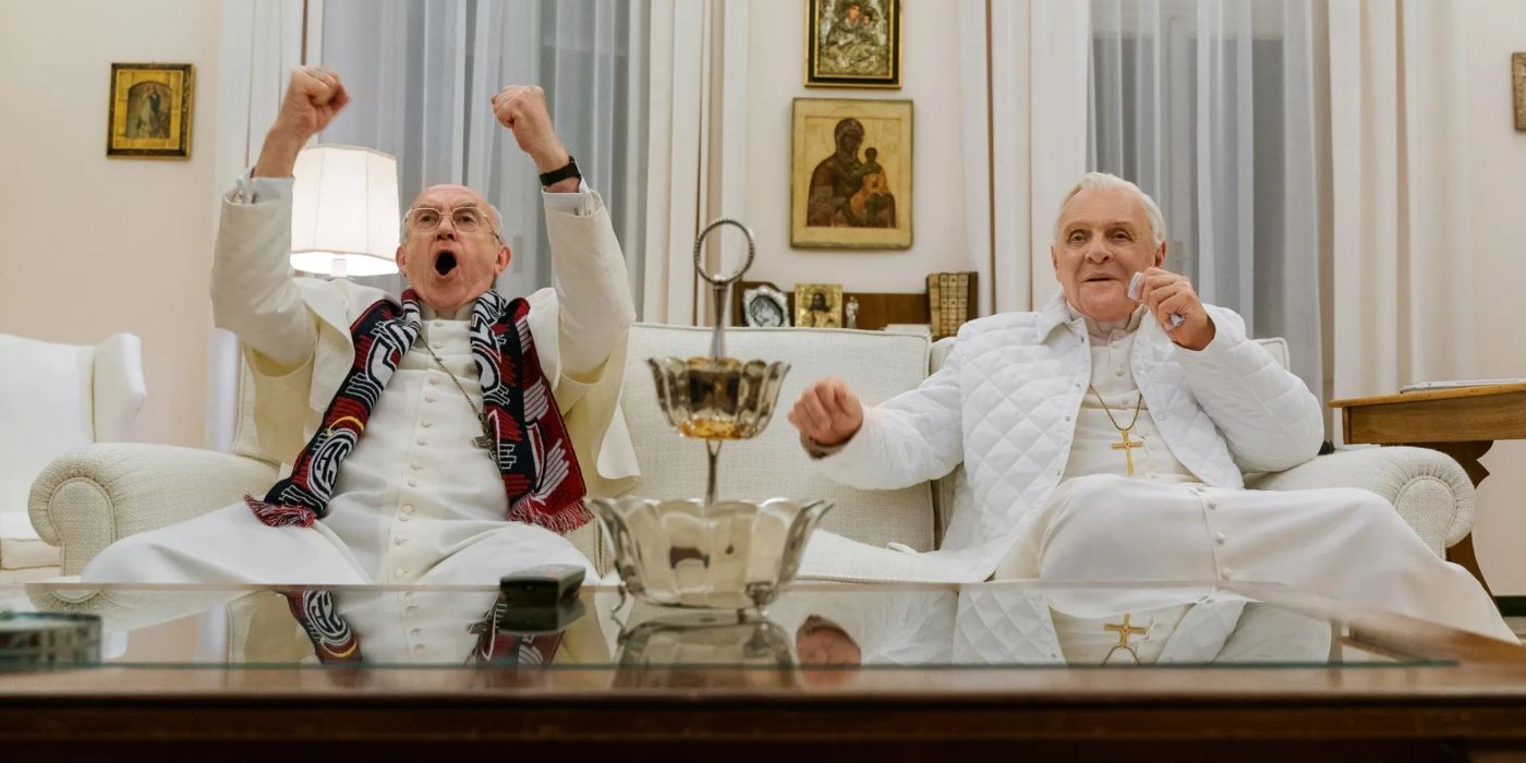 Anthony Hopkins and Jonathan Pryce as popes Benedict XVI and Francis in The Two Popes