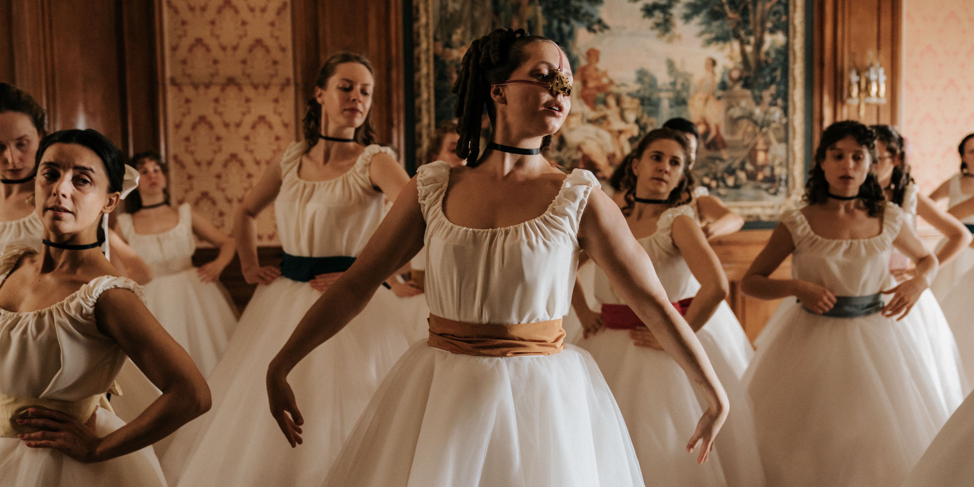 Lea Myren as Elvira and several other young woman during a dance rehearsal in The Ugly Stepsister 