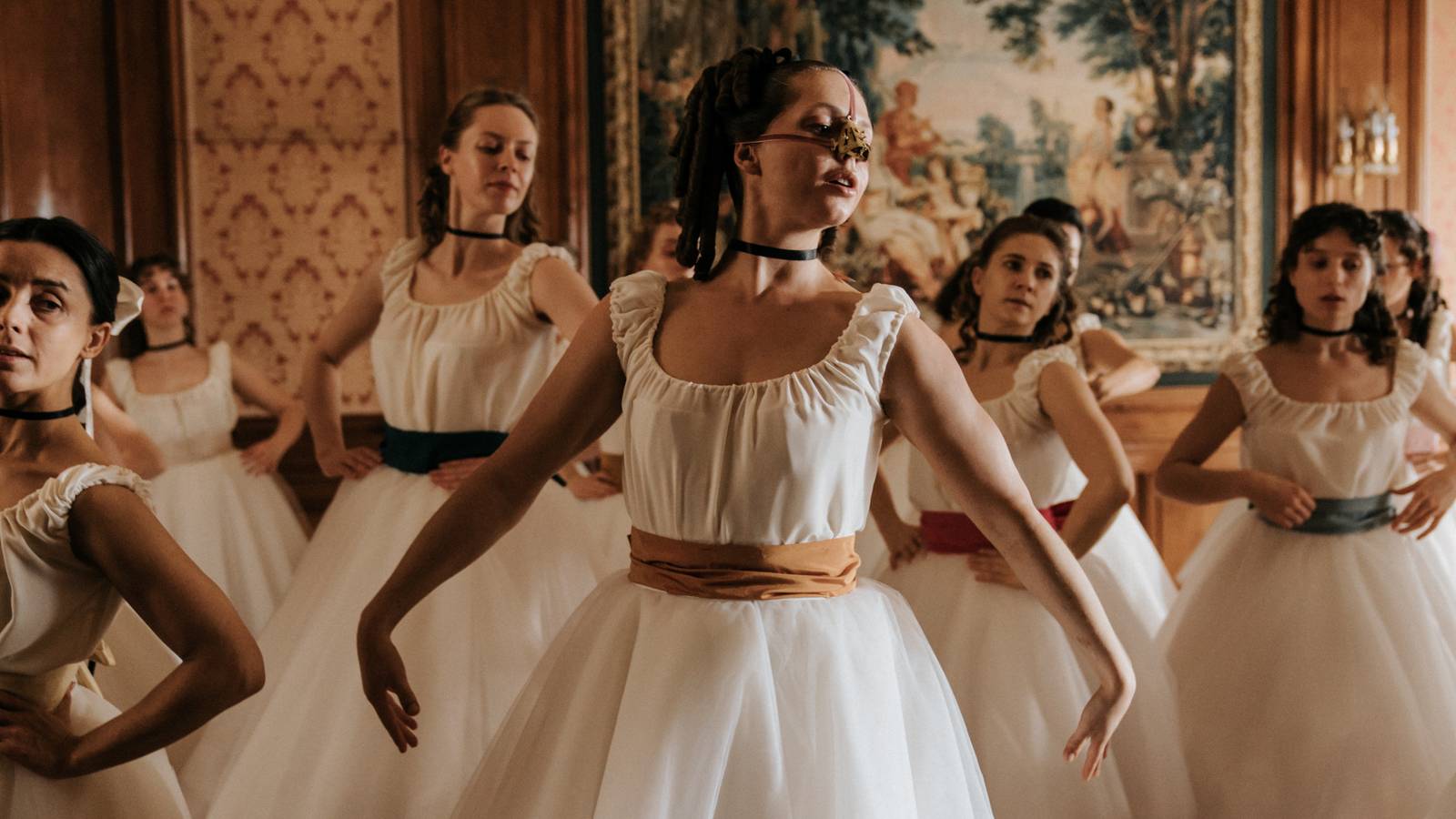 Lea Myren as Elvira and several other young woman during a dance rehearsal in The Ugly Stepsister 