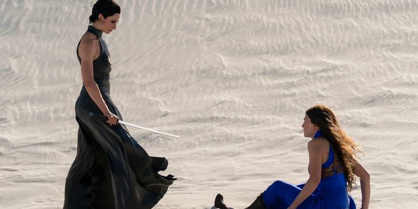 Natasha O'Keeffe and Rosamund Pike in The Wheel of Time Season 3 Episode 4