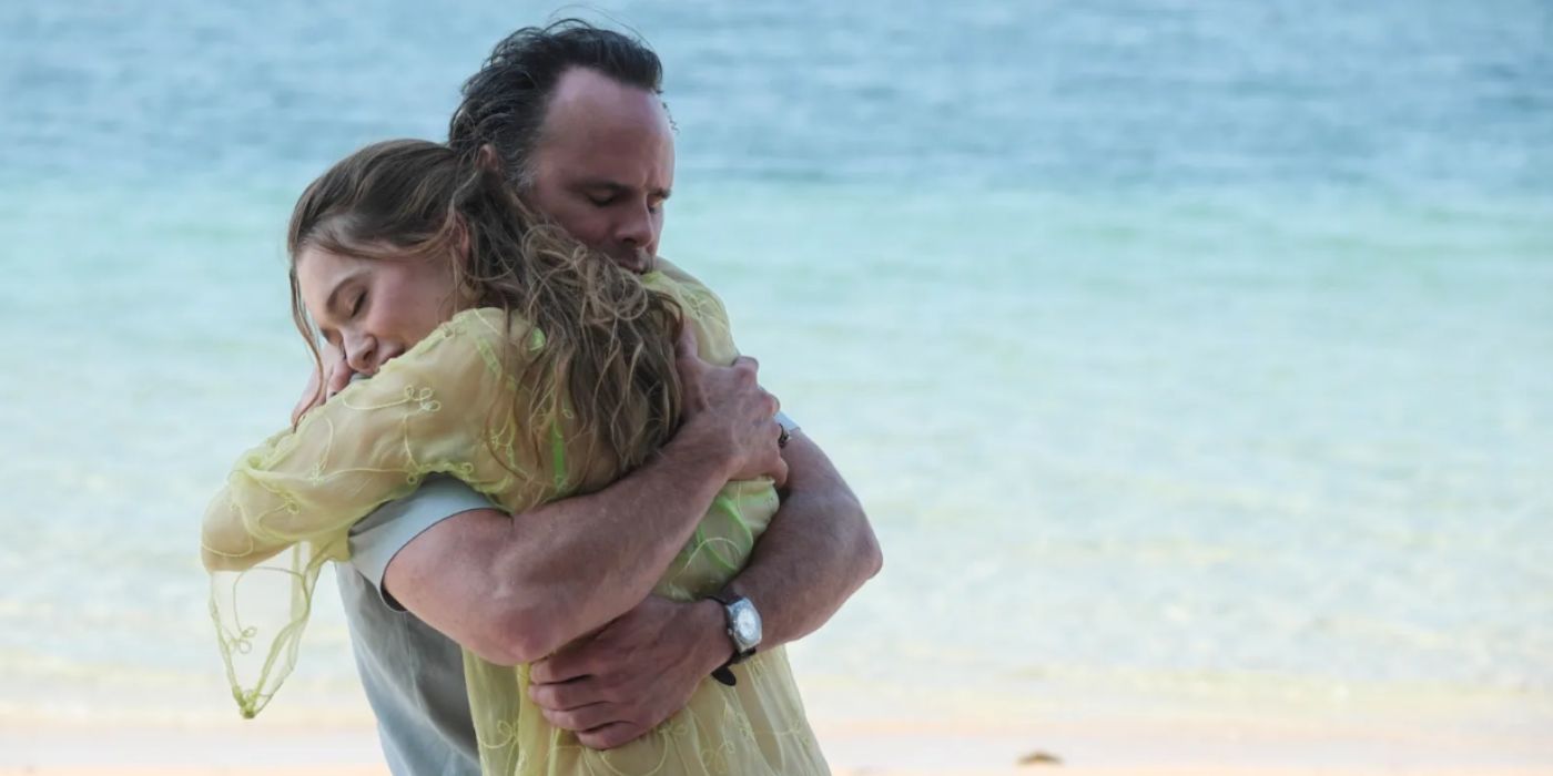 Walton Goggins as Rick hugging Aimee Lou Wood as Chelsea in The White Lotus Season 3, Episode 8.