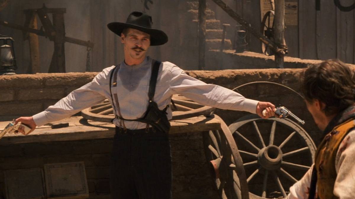 Doc Holliday (Val Kilmer) confronts Frank McLaury (Robert John Burke) in 'Tombstone'