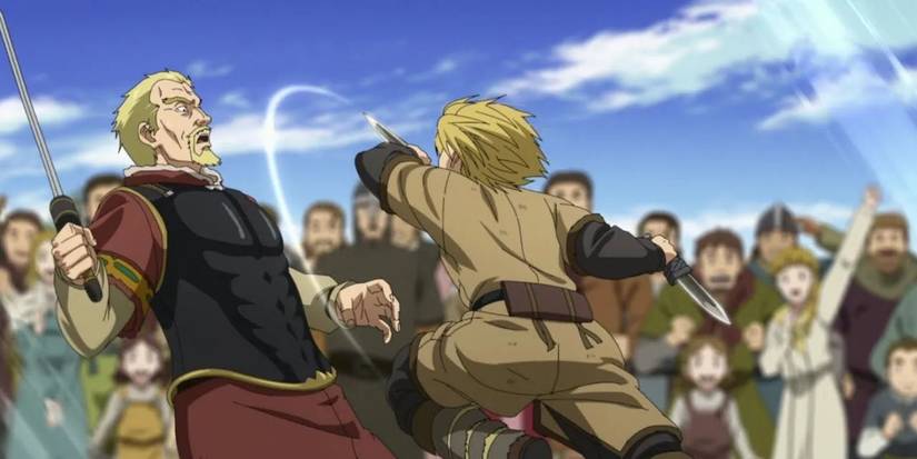 Thorfinn swiping a dagger at Askeladd in Vinland Saga.