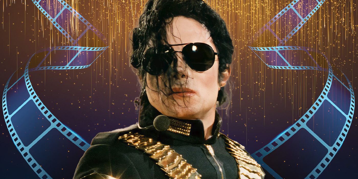 Performer Michael Jackson in dark glasses with his hair blowing in his face, against a backdrop of falling stars and film reel.