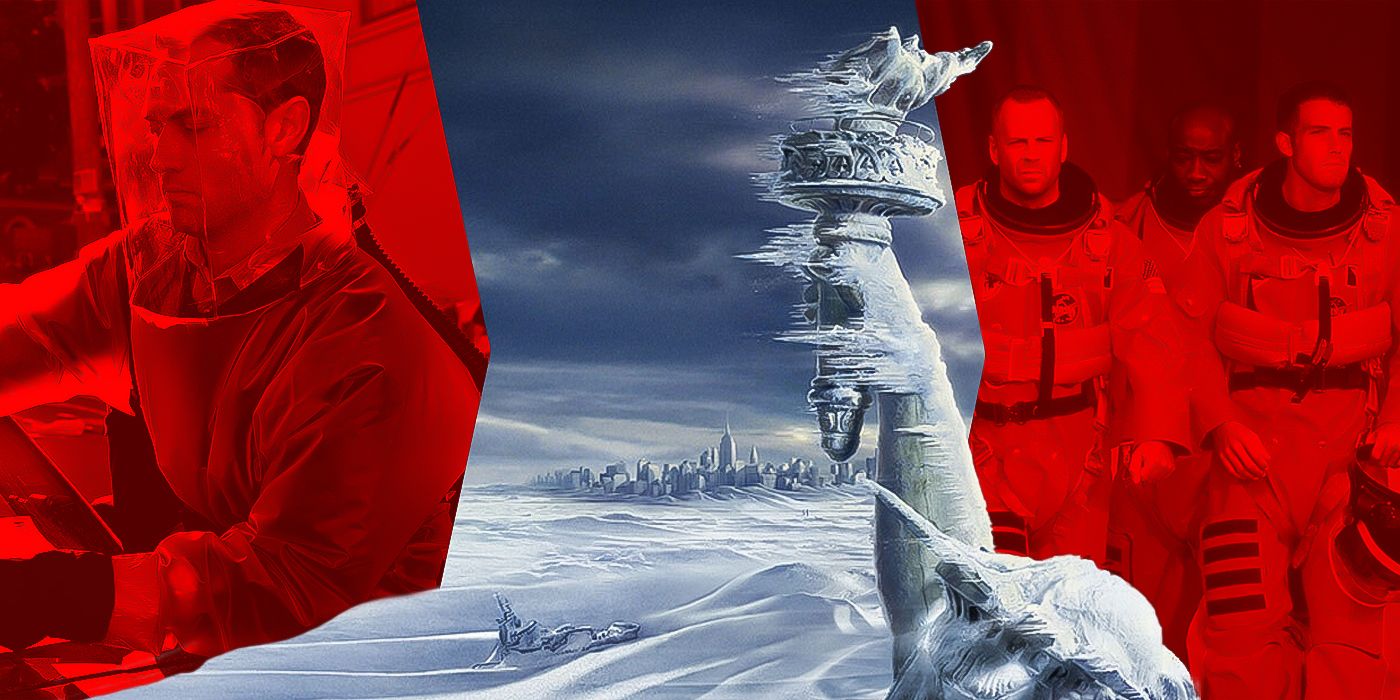 Blended image showing characters from Contagion, The Dar After Tomorrow, and Armageddon