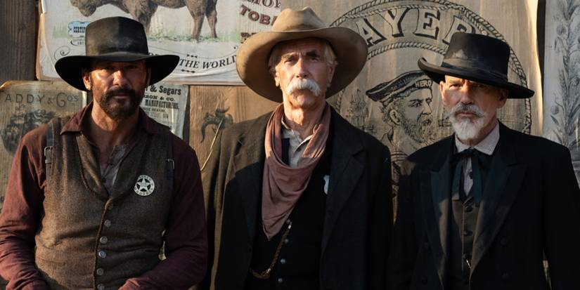 Tim McGraw, Sam Elliott, and Billy Bob Thornton stand and look at the camera in 1883 on Paramount+.