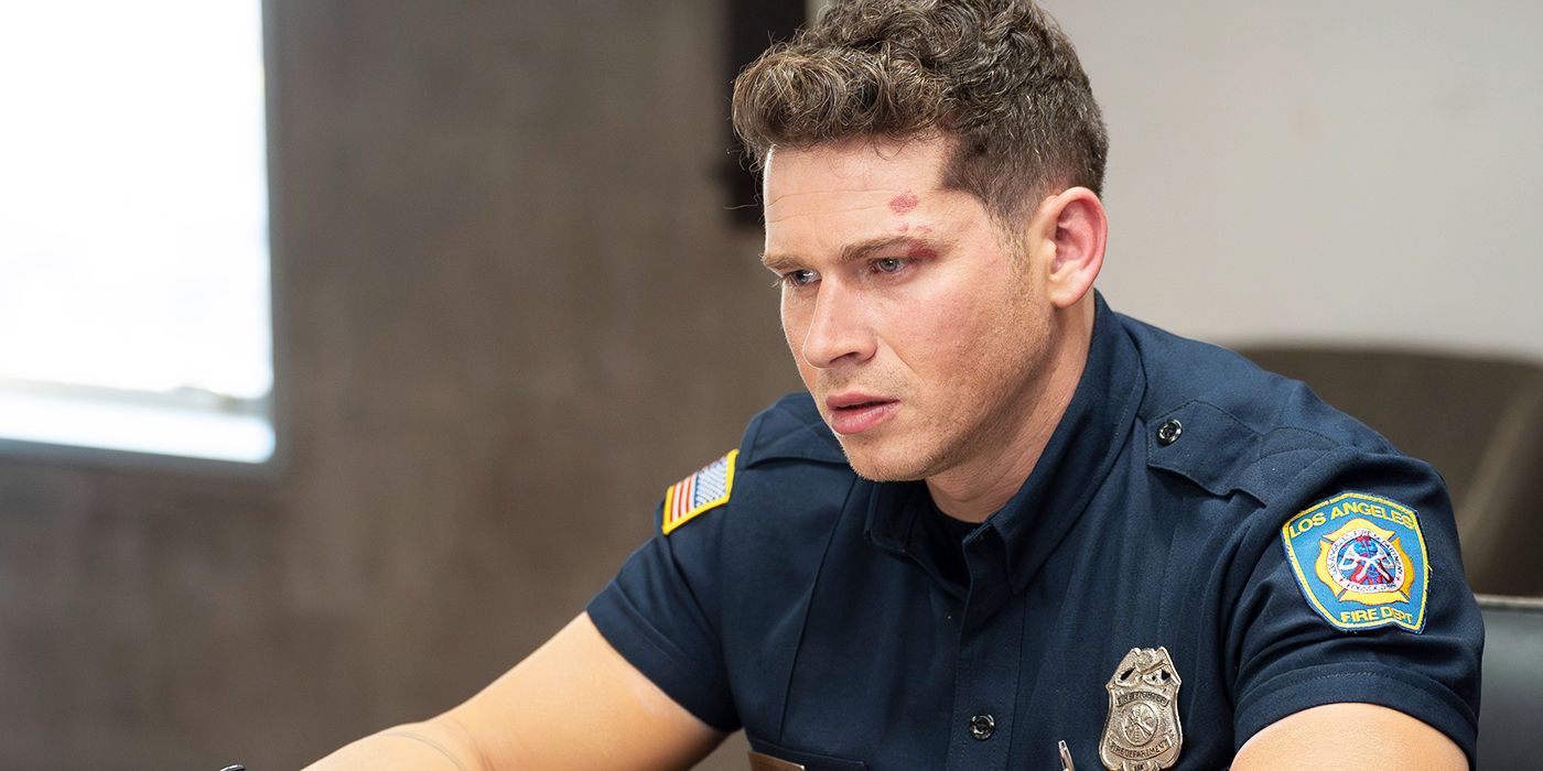 Oliver Stark as Buck looking sad at the fire house in 9-1-1 Season 8 Episode 17