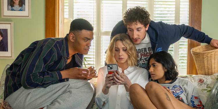 Owen Thiele, Lucy Freyer, Amita Rao, and Malik Elassal as Anton, Billie, Samir, and Issa with phone, Adults