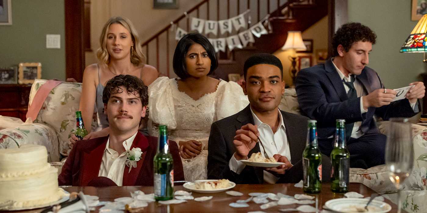 The cast of Adults lounge in formal wear with a "just married" sign behind them in the Season 1 finale.